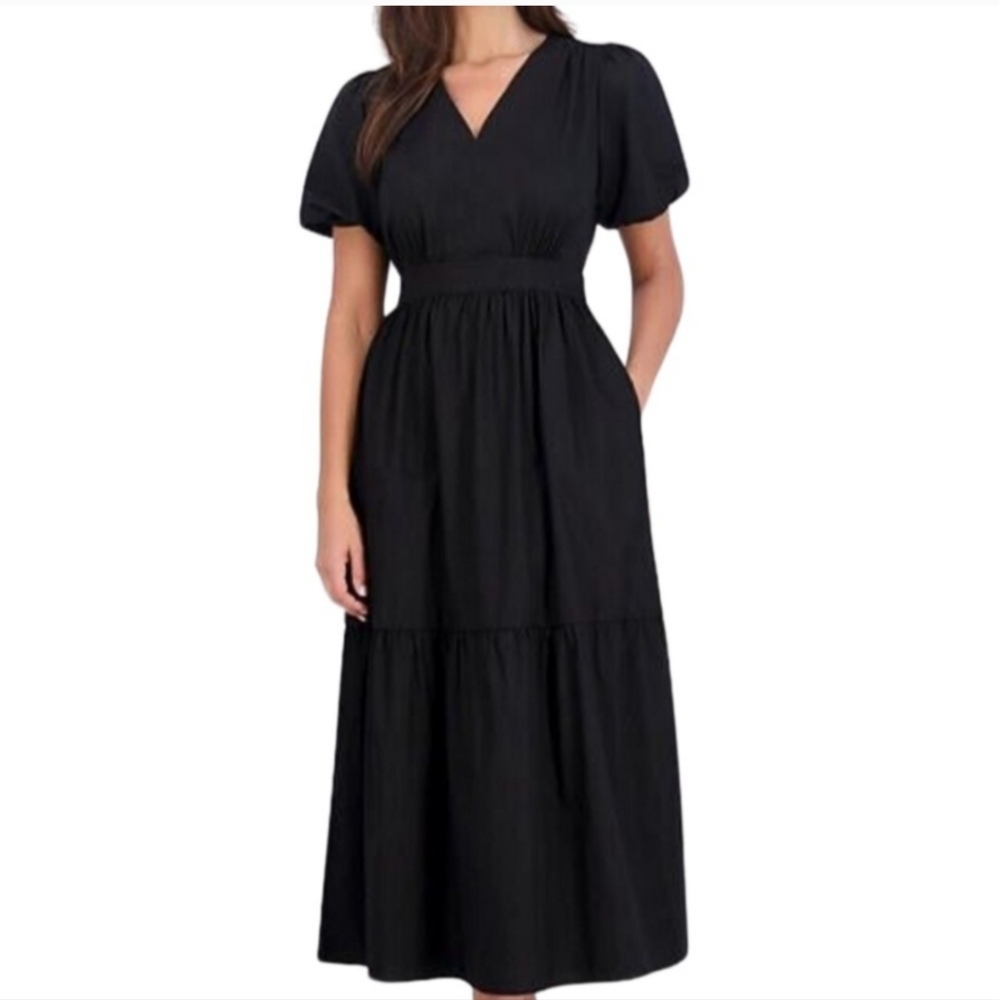 French Connection Black Tiered Puff-Sleeve Maxi Dress